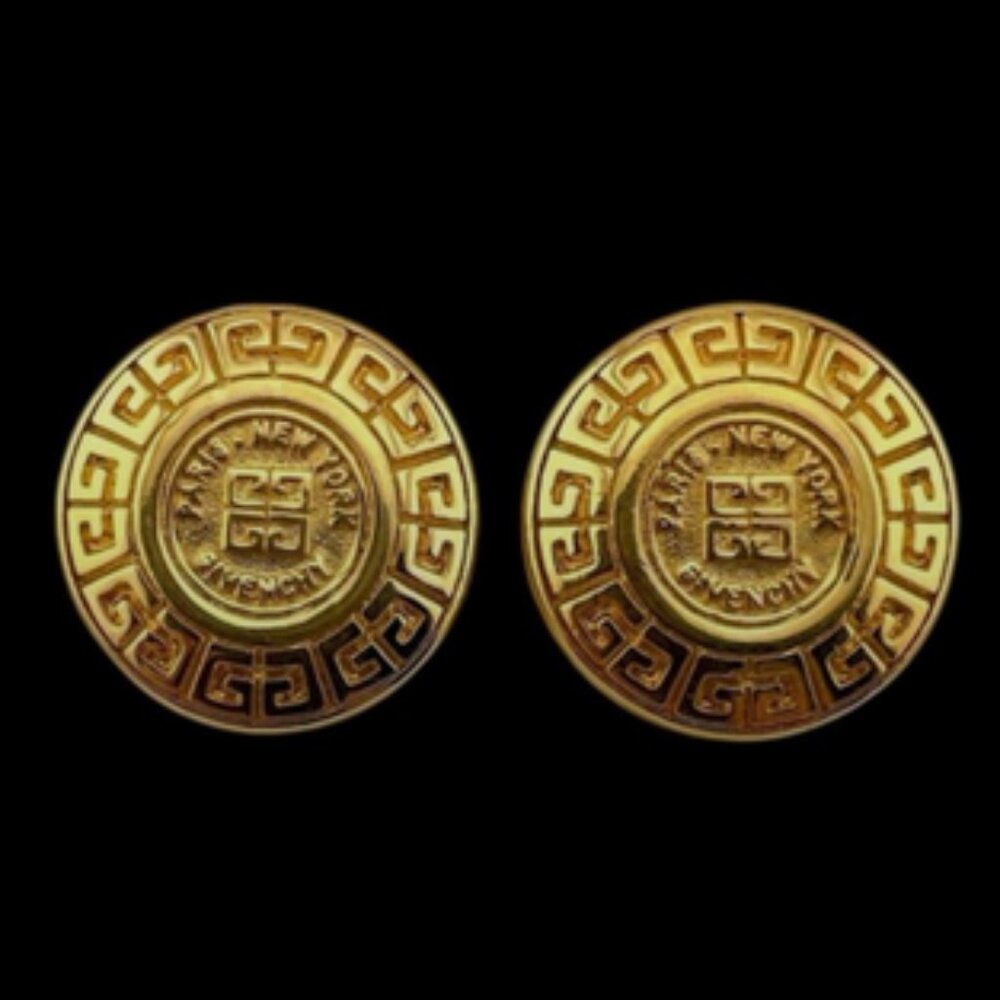 GIVENCHY New York Paris Gold Tone Medallion Greek Key Logo Post Earrings Vintage